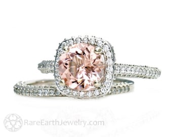 14K Morganite Ring Morganite Engagement Ring and Wedding Band Diamond Halo Wedding Ring