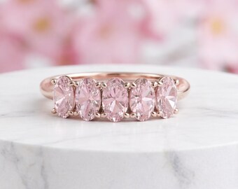Light Pink Tourmaline Ring, 5 Stone Anniversary Band, Oval Stackable Tourmaline Ring, October Birthstone