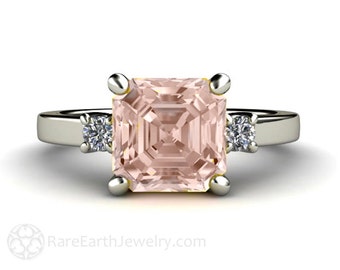 Asscher Morganite Engagement Ring 3 Stone Morganite Ring, Natural Morganite Three Stone Ring with Diamonds in 14K 18K Gold or Platinum