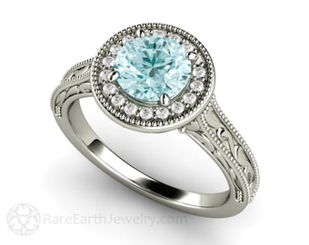 Aquamarine Engagement Ring Antique Style Aquamarine Ring Round Diamond Halo Vintage Design with Filigree and Milgrain