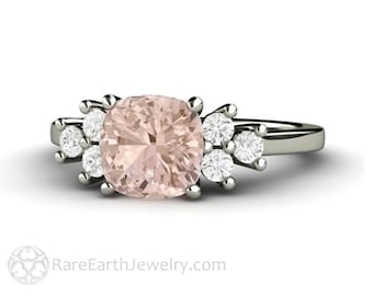 Morganite Engagement Ring 3 Stone Cushion Cut Morganite Ring with White Sapphires in 14K or 18K Gold Custom Wedding Ring