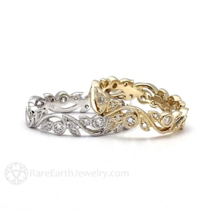 Vintage Inspired Diamond Eternity Band Art Nouveau Ring with Filigree Leaf Design Diamond Wedding Ring Antique Style with Millgrain