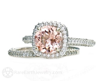 18K Morganite Wedding Set Diamond Halo Morganite Engagement Ring 18K White Yellow Rose Gold Bridal Jewelry