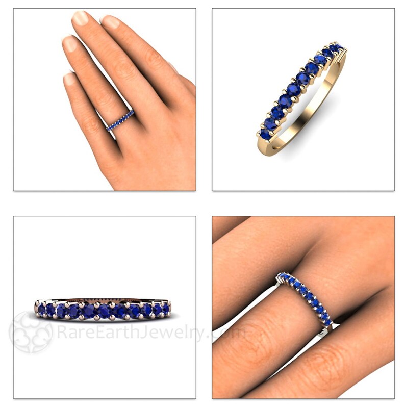 May include: A gold band ring with a row of blue sapphires. The ring is shown on a model's finger.