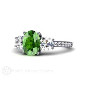 Oval Tsavorite Garnet Ring with Diamonds Natural Green Garnet Ring 3 Stone Style Green Stone Engagement Ring 14K 18K Platinum