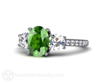 Oval Tsavorite Garnet Ring with Diamonds Natural Green Garnet Ring 3 Stone Style Green Stone Engagement Ring 14K 18K Platinum