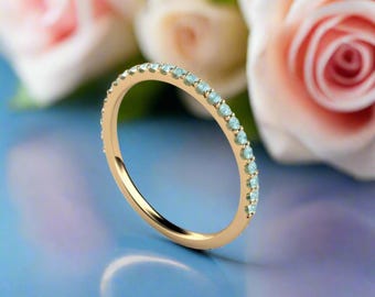 Petite Pavé Blue Diamond Ring | Light Blue Wedding Band | Dainty Anniversary Ring in 14K or 18K Gold