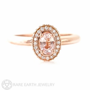 14K Peach Sapphire Engagement Ring Baby Pink Sapphire Ring Diamond Halo Champagne Custom Bridal Jewelry image 1