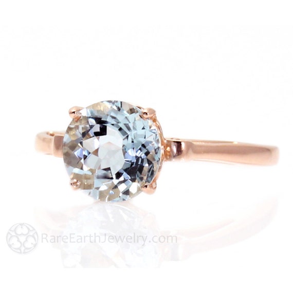 Natural Aquamarine Ring Round Aquamarine Solitaire Ring Fleur de Lis Design 14K White Yellow Rose Gold March Birthstone Ring Push Present