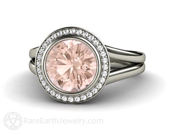 Halo Split Shank Morganite Engagement Ring Morganite Ring Woven Diamond Halo Custom Fine Jewelry Gemstone Ring