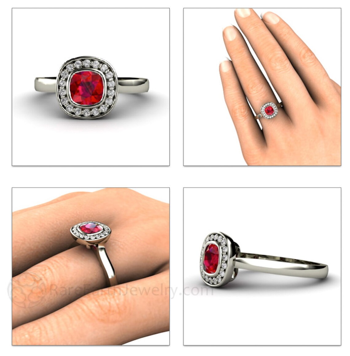 Ruby Engagement Ring Bezel Set Cushion with Diamond Halo 14K Etsy