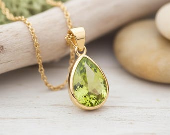 Natural Peridot Necklace in 14K Gold | Pear Cut Peridot Pendant Green Gemstone August Birthstone Push Gift