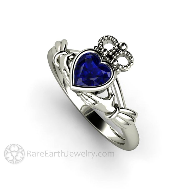 Blue Sapphire Claddagh Ring Celtic Jewelry Celtic Engagement Ring Irish Wedding Ring or Promise Ring Solid Gold 14K 18K and Platinum image 2