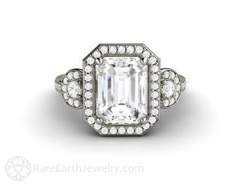 Moissanite Engagement Ring 3 Stone Halo Design Emerald Cut Forever One Moissanite Ring Affordable Diamond Alternative Engagement