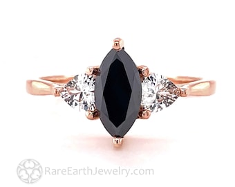 Marquise Black Diamond Engagement Ring 3 Stone Vintage Black Diamond Ring Three Stone Diamond Ring White Sapphire Trillions 14K 18K Gold