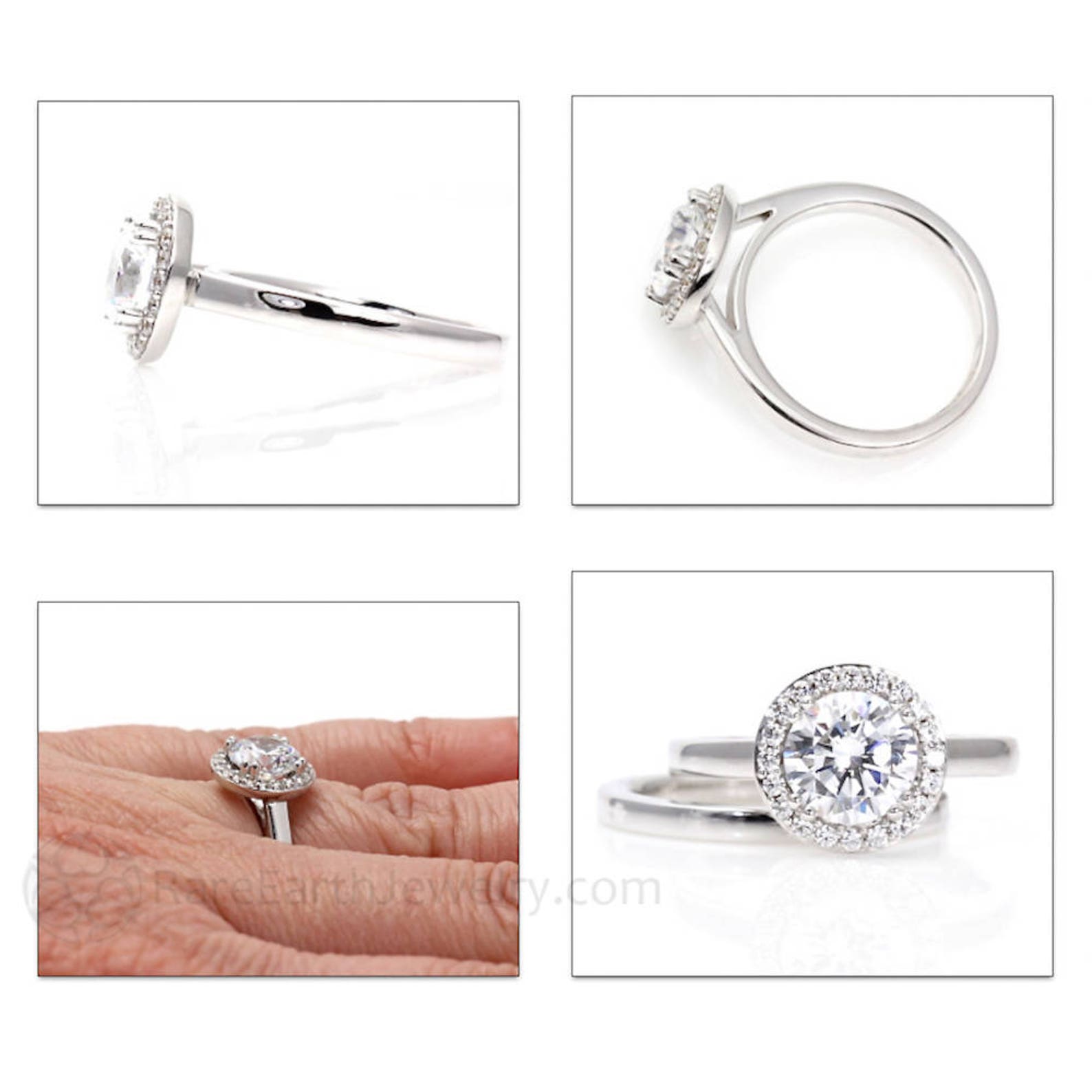 Platinum Moissanite Engagement Ring Diamond Halo Plain Band Etsy