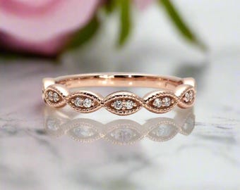 Antique Style Diamond Wedding Band | Scalloped Milgrain Stacking Ring in Gold or Platinum