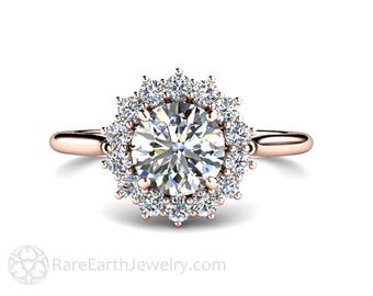 1ct Moissanite Engagement Ring Vintage Inspired Cluster 14K or 18K Rose Gold or Platinum Forever One Moissanite Ring