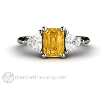 Yellow Sapphire Engagement Ring Vintage Style Emerald Cut 3 Stone Yellow Sapphire Ring with Trillions Three Stone 14K or 18K Gold