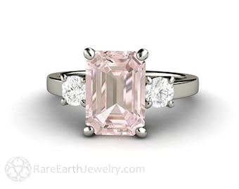 Natural Morganite 3 Stone Engagement Ring Emerald cut Morganite Ring Morganite Three Stone Ring with Diamonds Pink Stone Ring 14K 18K Gold