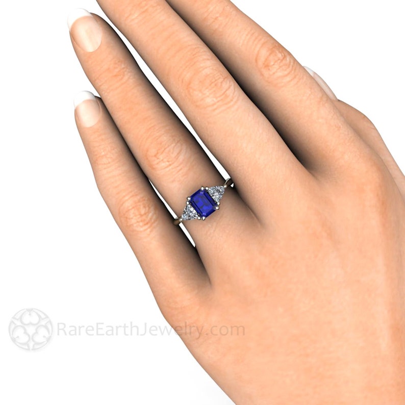 Blue Sapphire Engagement Ring Vintage Blue Sapphire Ring Three Stone 3 Stone Sapphire Ring with Trillions Solid Gold or Platinum Affordable image 5