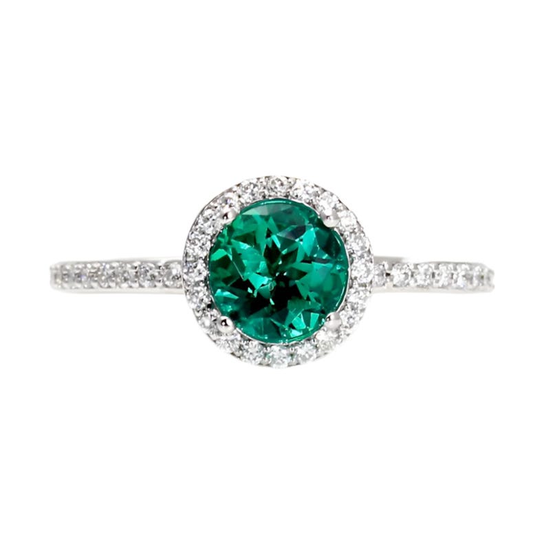 Round Emerald Engagement Ring with Diamond Halo | Lab Grown Emerald Ring | May Birthstone Ring in 14K 18K Gold or Platinum image 5
