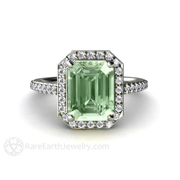 Green Amethyst Engagement Ring Diamond Halo Emerald Cut Green Amethyst Ring with Diamonds Natural Green Stone 14K 18K Gold  Platinum