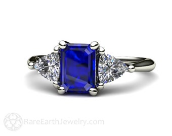 Three Stone Blue Sapphire Engagement Ring, Emerald Cut Sapphire Ring, 3 Stone with Moissanite Trillions 14K 18K Gold Platinum Blue Stone