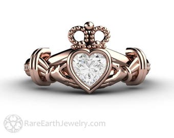 Moissanite Claddagh Ring Irish Wedding Ring Celtic Design Forever One Moissanite Engagement Ring 14K or 18K White Yellow or Rose Gold