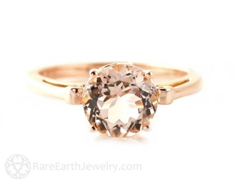 Rose Gold Morganite Ring Round Natural Morganite Solitaire Ring Peach Pink Stone Ring Fleur de Lis Design in 14K Gold or 18K Gold