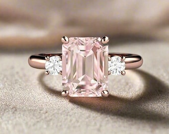 2ct Morganite Emerald Cut Engagement Ring | Three-Stone Morganite Ring Diamond Accents in Gold or Platinum
