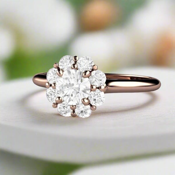 Flower Shaped Diamond Engagement Ring | Vintage Cluster Halo with .50ct GIA Certified Round Natural Diamond
