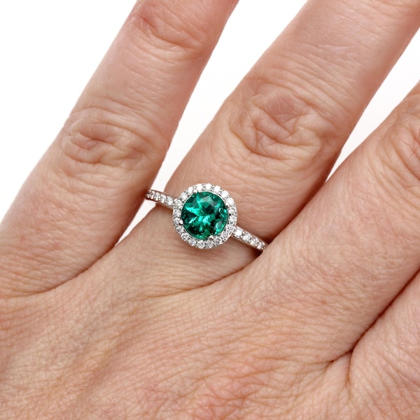 Green Emerald Ring Emerald Engagement Ring Diamond Halo May Birthstone Jewelry Green Stone Gold or Platinum