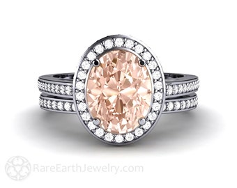 Oval Morganite Halo Bridal Set Morganite Halo Engagement Ring, Pave Diamond Halo Wedding Set in Platinum Cathedral Setting