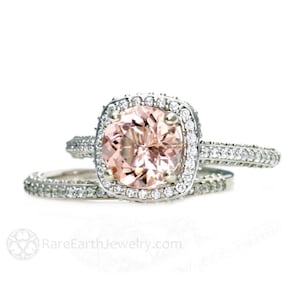 Morganite diamond halo engagement ring and wedding band Morganite bridal set with pave diamonds and 2 carat natural peach pink Morganite gemstone