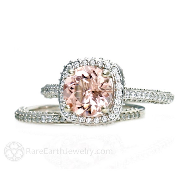 Morganite Engagement Ring Diamond Halo Wedding Set 2 Carat Morganite Halo Engagement Ring Bridal Set with Peach Pink Stone
