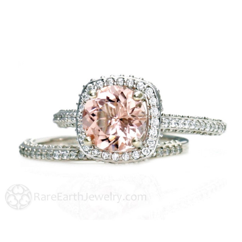 Morganite diamond halo engagement ring and wedding band Morganite bridal set with pave diamonds and 2 carat natural peach pink Morganite gemstone