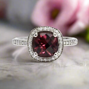 Red Garnet Ring Rhodolite Garnet Engagement Ring Cushion Cut Garnet Ring Diamond Halo Gold or Platinum January Birthstone Red Stone Ring