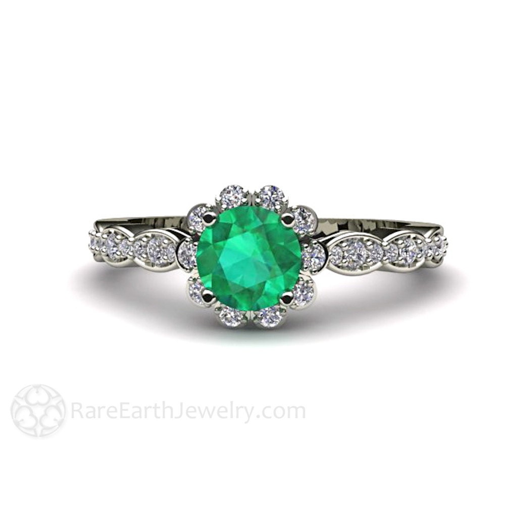 Emerald Engagement Ring 14K Diamond Halo Emerald Ring May | Etsy