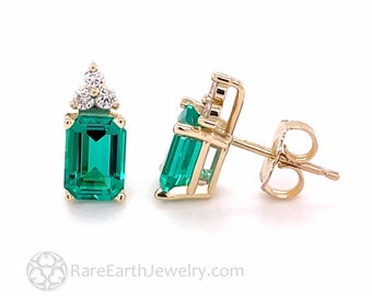 14K Emerald and Diamond Earrings Gold Green Emerald Earrings Emerald Studs Emerald Cut Post Earrings May Birthstone