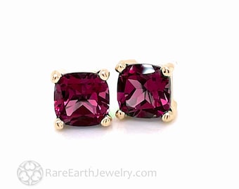 Cushion Cut Rhodolite Garnet Earrings 14K Gold Red Garnet Studs January Birthstone Earrings Square Rhodolite Garnet Stud Earrings