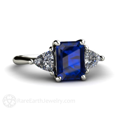 Blue Sapphire Engagement Ring Emerald Cut 3 Stone Sapphire - Etsy