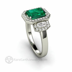Large Three Stone Emerald Engagement Ring Emerald Cut Green Emerald Ring with Lab Created Diamonds 3 Stone Diamond Halo Gold Platinum image 3