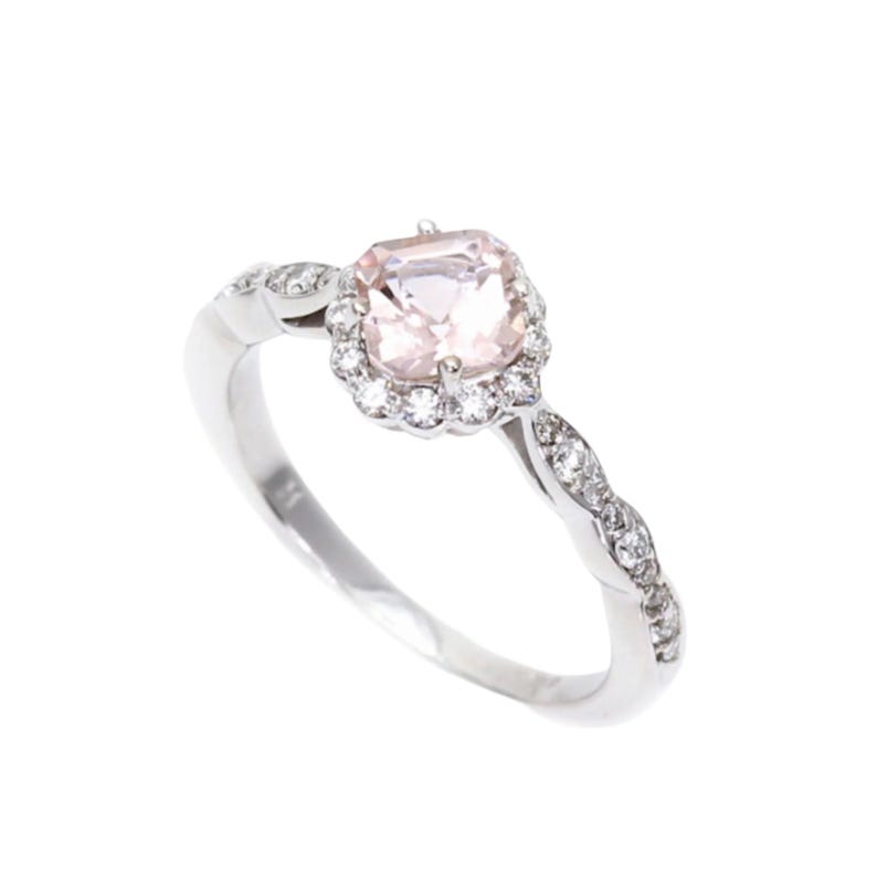 Asscher geslepen morganiet verlovingsring | Perzikroze vintage halo-ring | Diamanten geschulpte band van 14K of 18K goud of platina afbeelding 6