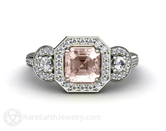 Asscher Morganite Engagement Ring Asher Diamond Halo Morganite Ring 3 Stone Custom Made Engagement in Gold or Platinum