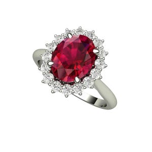 Anillo de compromiso con rubí, anillo de rubí ovalado, anillo de halo de rubí con racimo de diamantes y diamantes, piedra natal de julio, piedra preciosa roja. imagen 7