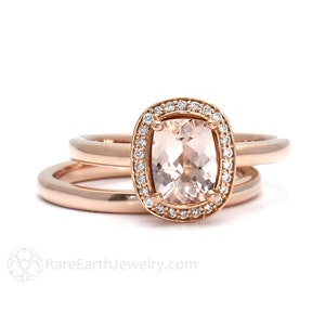 Morganite Rose Gold Bridal Set Cushion Cut Engagement Ring Morganite Diamond Halo Ring Fleur de Lis Design Wedding Set