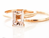 Morganite Engagement Ring & Wedding Band Emerald Cut Morganite Ring Solitaire 14K or 18K Rose Gold Bridal Set