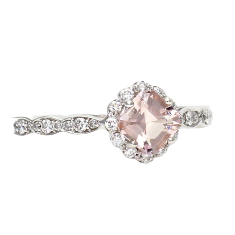 Asscher geslepen morganiet verlovingsring | Perzikroze vintage halo-ring | Diamanten geschulpte band van 14K of 18K goud of platina afbeelding 8