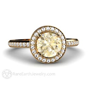 Lemon Citrine Engagement Ring with Diamond Halo Lemon Quartz Ring Light Yellow Gemstone Ring in 14K Gold Unique Engagement Ring